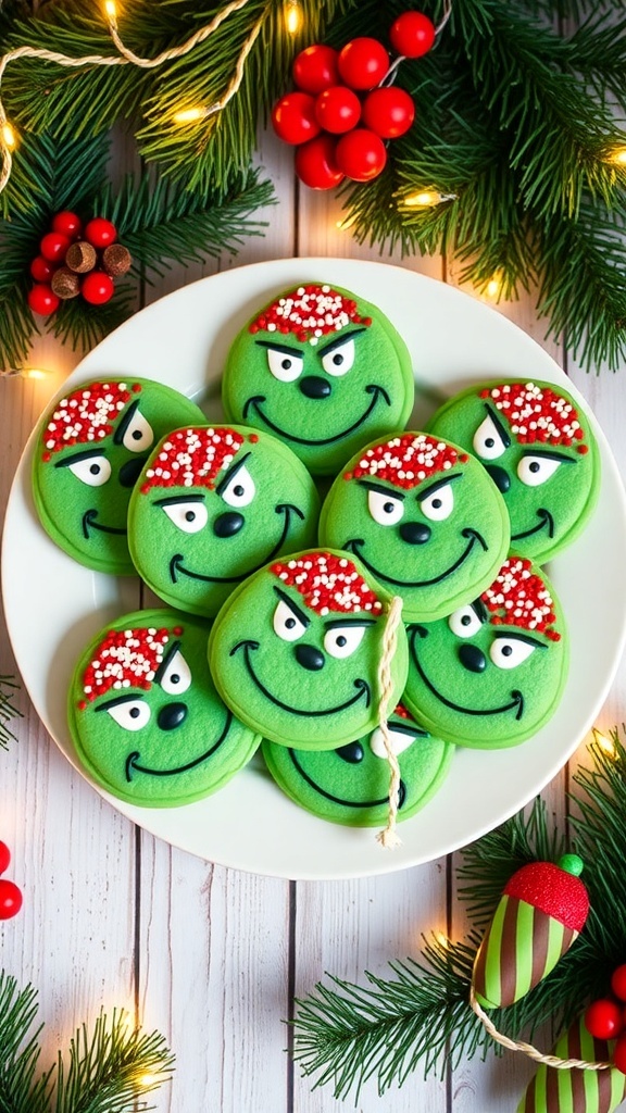 A festive plate of Grinch-inspired green cookies with red and white sprinkles, surrounded by holiday decorations.